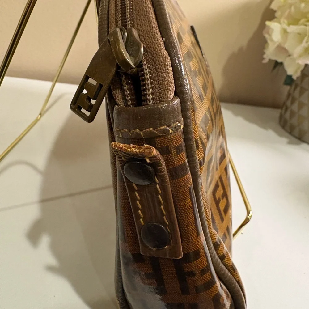 Vintage Fendi Zucca FF Monogram Dome Cosmetic Pouch Beauty Case Brown Italy Y2K